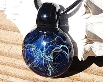 Small Fumed Handmade Glass Jewelry - Silver Blue Swirl Pendant Necklace, Charm Necklace, Heady Glass Pendant