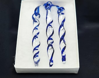 Handmade Blue Glass Ornaments – Christmas Tree Decorations, Holiday Suncatcher Set of 3