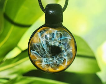 Handmade Blown Glass Pendant Necklace: Silver & Gold Fumed Design, Black and Yellow Swirl, One of a Kind Artisan Jewelry
