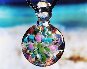 Handmade Glass Pendant Necklace - Small Purple, Green & Blue Jewelry