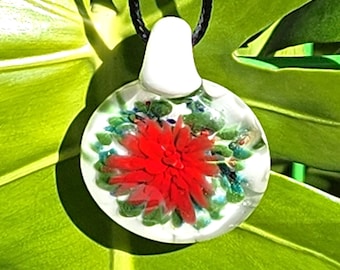Unique Handmade Necklace - Handmade Poinsettia Heady Glass Pendant – Trippy Glass Christmas Gift – Red & Green Glass Jewelry