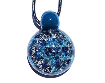Pet Cremation Urn Necklace - Blown Glass Galaxy Ashes Pendant, Ocean Blue Handmade Keepsake, Cremation Jewelry for Men & Women