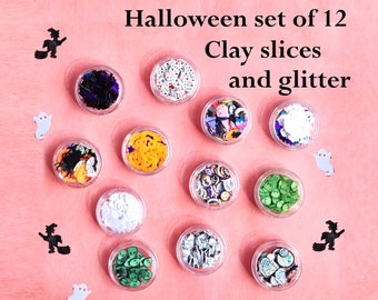 Halloween Polymer Clay Slices and Glitter. Mixed Set of 12 Halloween Slices Sprinkles Glitter for Slime Nail Art Crafts Fillings. Spooky
