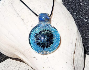 Handmade Blown Glass Pendant: Silver Streaks, Crushed Glass Necklace