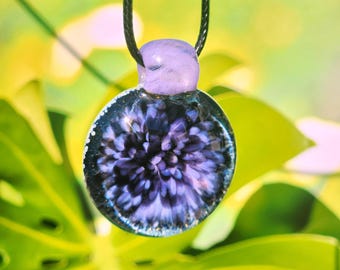 Purple Pink Borosilicate Glass Pendant Necklace, Color Shifting Crushed Glass on Black, Handmade Statement Jewelry Gift