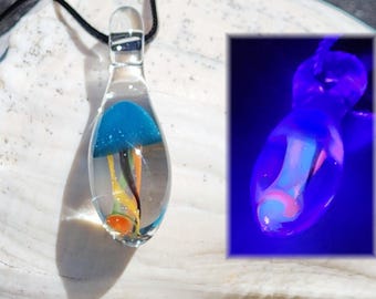 Jellyfish Glass Pendant Necklace - UV Reactive Ocean Jewelry, Glow in the Dark Handmade Lampwork Art Pendant, Beach Gift