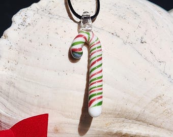 Handmade Glass Candy Cane Pendant Necklace | Christmas Jewelry Gift | Red Green White Holiday Necklace