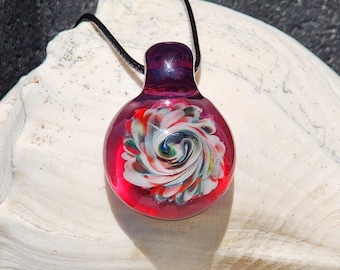 Borosilicate Glass Pendant Necklace, Burgundy Purple Colorful Swirl, Handmade Glass Jewelry, Boho Art Pendant