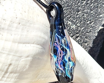 Handmade Heady Glass Pendant - Elongated Blown Glass Necklace with Silver and Gold Fuming, Unique Jewelry Gift for Her or Him
