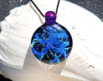 Handmade Blue Glass Pendant Necklace – Silver Swirl, Purple Loop