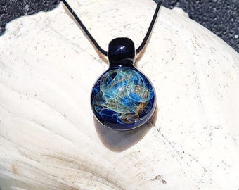 Small Handmade Glass Pendant – Gold & Silver Fumed Necklace, Dark Blue Jewelry Gift, One of a Kind Pendant