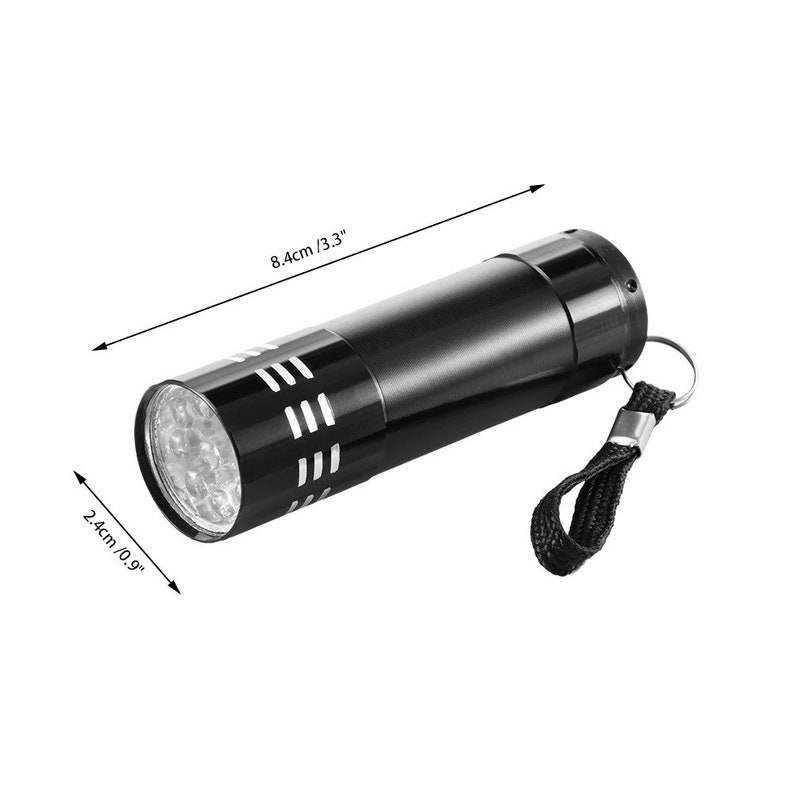May include: A black flashlight with a silver band and a black lanyard. The flashlight is 8.4 cm / 3.3 inches long and 2.4 cm / 0.9 inches wide.