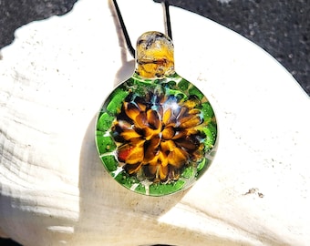 Unique Handmade Blown Glass Pendant Necklace - Swirling Colors on Green Borosilicate Glass