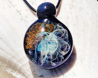 Cosmic Elegance: Hand Blown Glass Pendant with Silver and Gold Accents
