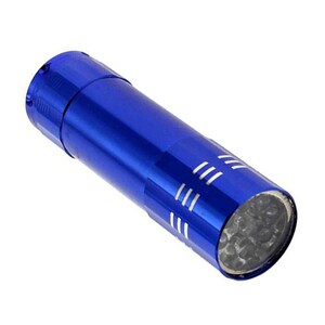 May include: A blue aluminum flashlight with a bright white LED light. The flashlight has a textured grip and a silver band around the middle.