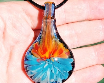 Summer Sunset Blown Glass Pendant. Handmade jewelry statement necklace. Trippy heady glass pendant. Best friends handblown birthday gift