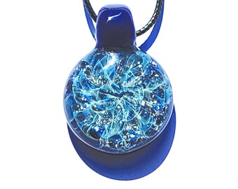 Stormy Blue Memorial Pendant, Handmade Glass Ashes Necklace