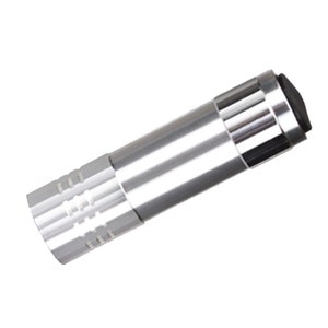 May include: A silver flashlight with a black end cap. The flashlight has a textured grip and a smooth body.