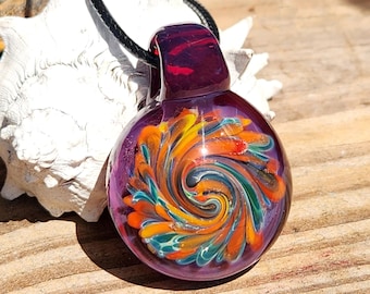 Heady Glass Pendant Necklace - Unique Handmade Boho Pendant, Colorful Swirl Art, Purple Orange Teal Glass Jewelry