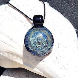 Deep Blue Glass Pendant with Gold & Silver - Galaxy Necklace, Handmade Jewelry, Heady Glass Flame Worked Cosmic Pendant, Gift for Her or Him