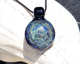 Deep Blue Glass Pendant with Gold & Silver - Heady Glass Flame Worked Cosmic Pendant
