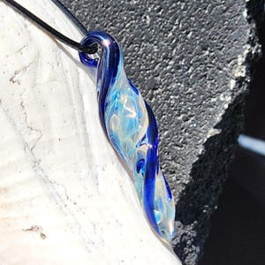 Handmade Blown Glass Spiral Pendant – Silver Fumed with Blue Accents, Trippy Glass pendant, Heady Glass Jewelry, Birthday Gift for Her