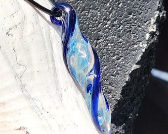 Handmade Blown Glass Spiral Pendant – Silver Fumed with Blue Accents