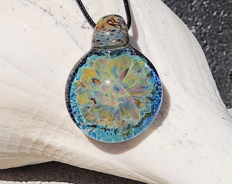 Handmade Glass Pendant Necklace – Yellow Blue Funky Design Heady Glass Jewelry, Gift Box Included