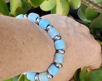 Handmade Cremation Bracelet - Pet Memorial Jewelry, Sky Blue Ash Infused Glass Beads