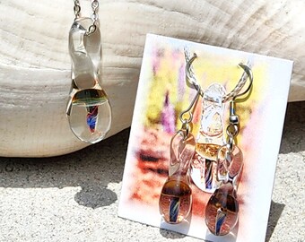 Handmade Glass Mushroom Earrings & Pendant Set -  Unique Nature Jewelry Gift Set