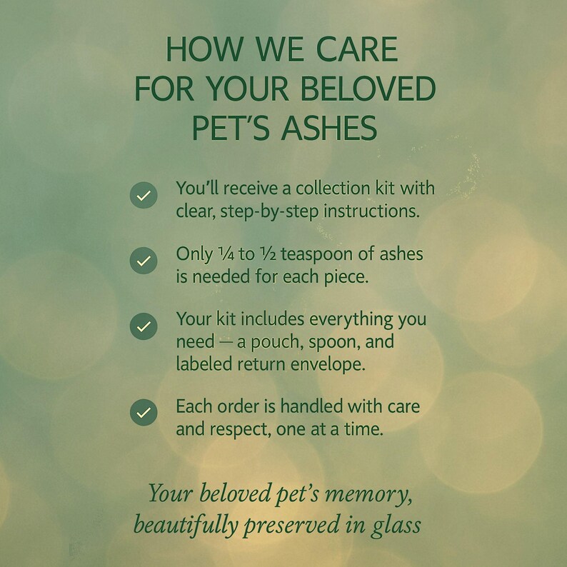 Cremation jewelry process showing pet ashes collection kit instructions, including small amount of ashes needed, tools provided, and careful handling of memorial ashes. The image explains the simple step-by-step process of collecting a small portion of ashes, placing them securely in the provided kit, and returning them safely, with each piece created one at a time with care and respect.