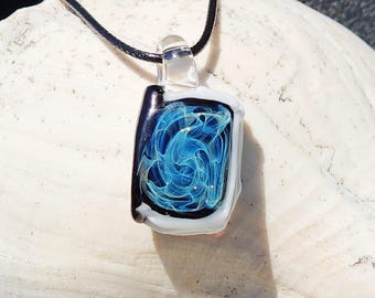 Blue Nebula Blown Glass Pendant, Two-Sided Silver Fuming Handmade Jewelry