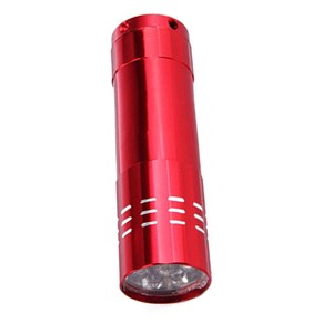 May include: A red aluminum flashlight with multiple LED lights. The flashlight has a textured grip and a small loop at the top.