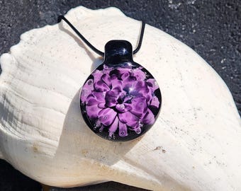 Handblown Borosilicate Glass Pendant Necklace: Handmade Trippy Glass Jewelry Gift. Purple and Black on a Black Background