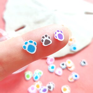 May include: Assortment of colorful paw print shaped resin charms. The charms are small and feature a white outline with a colored center. The colors include blue, purple, and brown.