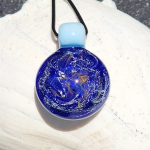 Heady Glass Pendant Necklace, Blue Handmade Dichroic Trippy Glass Pendant. Lampworked Borosilicate Glass. Anniversary gift. Birthday Gift