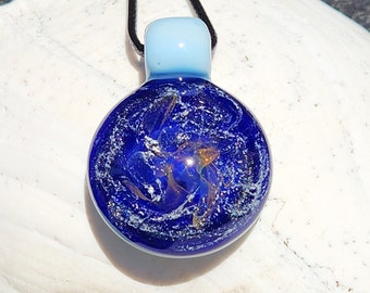 Heady Glass Pendant Necklace, Blue Handmade Dichroic Trippy Glass Pendant. Lampworked Borosilicate Glass. Anniversary gift. Birthday Gift