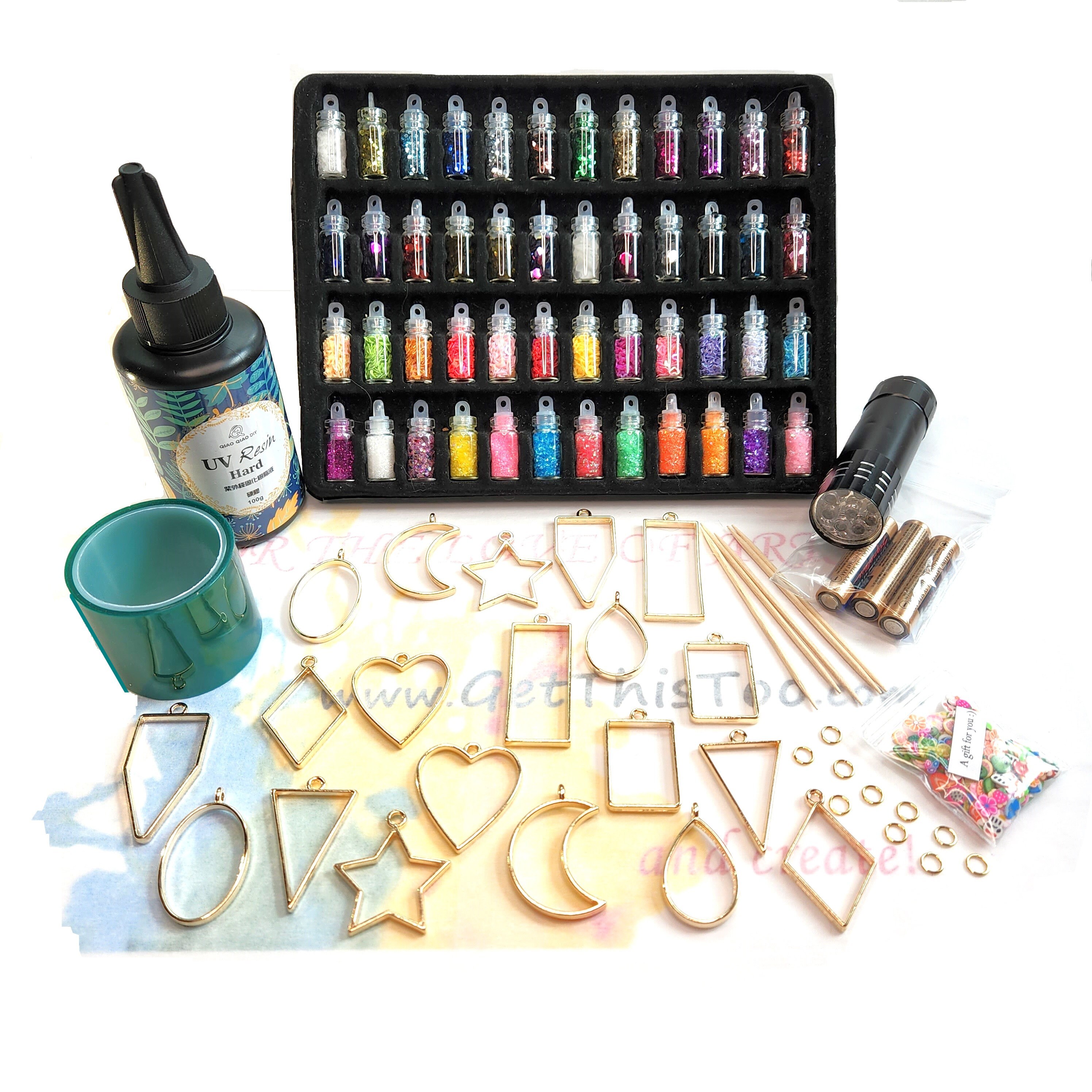 Beginner UV Resin Jewelry Making Kit glitter and clay, clear 100g