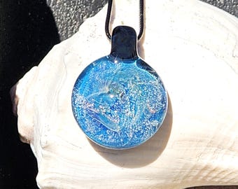 Dichroic Glass Pendant Necklace – Handmade Borosilicate Jewelry, Light Blue and Silver Shimmer, Unique Gift for Him or Her, Heady Pendant