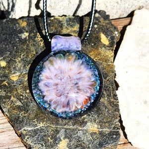 Handmade Glass Jewelry, Trippy Glass Pendant, Heady Glass Pendant Necklace, Pink and Blue Birthday Gift. Handblown Borosilicate Pendant