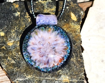 Handmade Glass Jewelry, Trippy Glass Pendant, Heady Glass Pendant Necklace, Pink and Blue Birthday Gift. Handblown Borosilicate Pendant