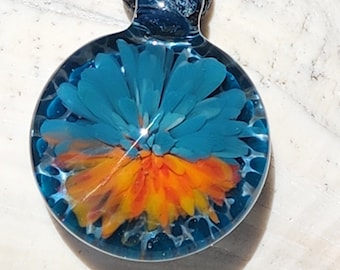 Handmade Glass Jewelry, Trippy Glass Pendant, Heady Glass Pendant Necklace, Pink and Blue Birthday Gift. Handblown Borosilicate Pendant