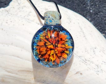 Blown Glass Flower Trippy Pendant - Handmade Jewelry Gift, Borosilicate Festival Funky Colorful Necklace