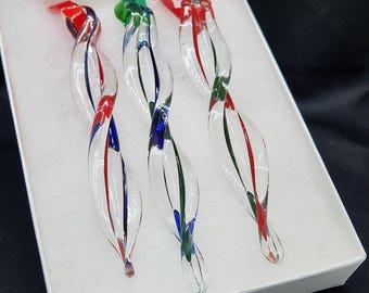 Handmade Christmas Tree Decorations – Set of 3 Glass Icicle Ornaments, Red Green Blue Spiral Suncatchers, Holiday Decor