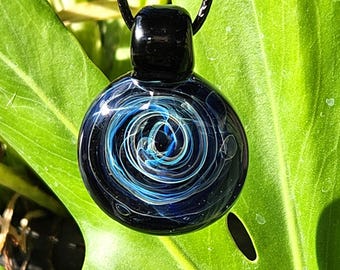 Handmade Galaxy Glass Pendant Necklace - Blown Glass Jewelry, Blue Swirl with Pure Silver Fuming