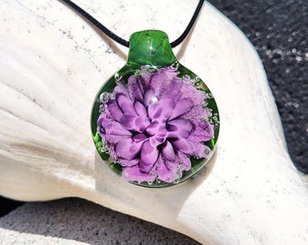 Purple Flower Glass Pendant – Handmade Borosilicate Glass Jewelry