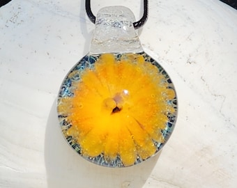Yellow Orange Blue Glass Pendant Necklace – Handmade Borosilicate Summer Jewelry, Unique Art Necklace, Gift for Her or Him, Statement Piece