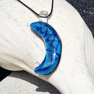 Blue Crescent Moon Pendant – Handmade Dichroic Glass Necklace – Blown Glass Jewelry – Celestial Gift – Moon Shaped Glass Pendant USA