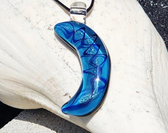 Heady Glass Pendant Necklace - Blue Handmade Dichroic Trippy Glass Pendant
