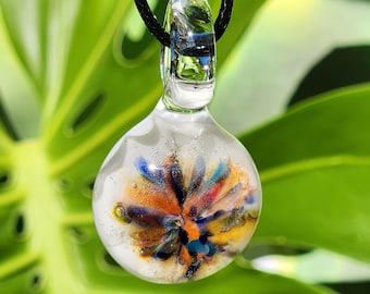 Handmade Glass Pendant Necklace: Rainbow Design, Colorful Blown Glass Jewelry, Trippy Boho Necklace